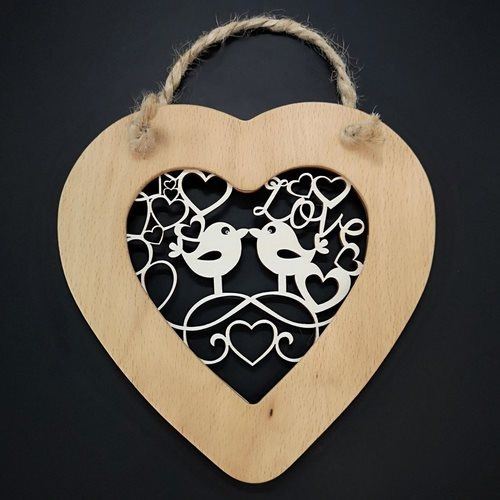 Dekorace AMADEA Dřevěné srdce s vkladem - ptáčci, masivní dřevo, velikost 16 cm
