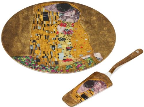 Servírovací sada Home Elements Porcelánový kulatý talíř na dort s lžící – Klimt, Polibek zlatý