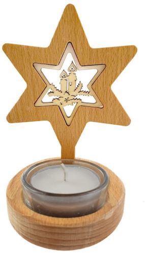 Svícen AMADEA Dřevěný svícen hvězda s vkladem - svíčky, masivní dřevo, výška 10 cm
