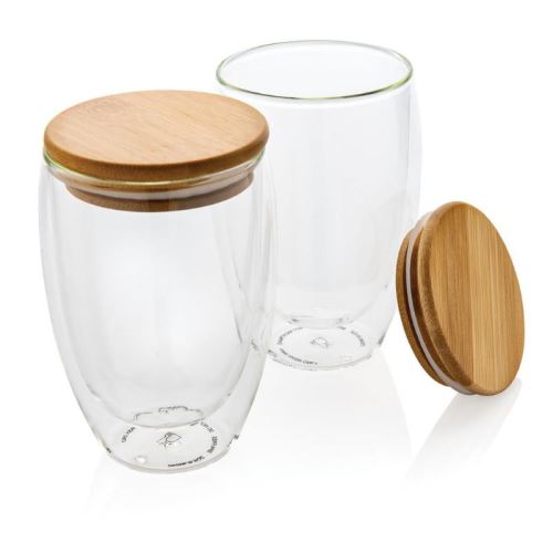 Dvoustěnná sklenice s bambusovým víčkem 350ml, 2 ks, XD Design