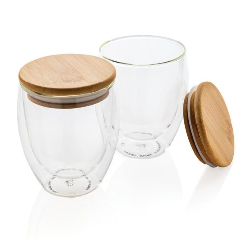 Dvoustěnná sklenice s bambusovým víčkem 250ml, 2 kusy, XD Design