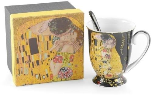 Hrnek Home Elements Porcelánový hrnek se lžičkou 280 ml, Klimt Polibek černý