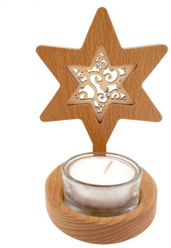 Svícen AMADEA Dřevěný svícen hvězda s vkladem - ornament, masivní dřevo, výška 10 cm