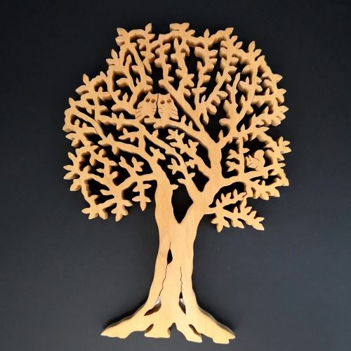 Dekorace AMADEA Dřevěný strom s veverkou a sovami, masivní dřevo, 40x28 cm