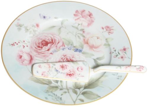 Podnos Home Elements Porcelánový talíř se lžící na dort růže