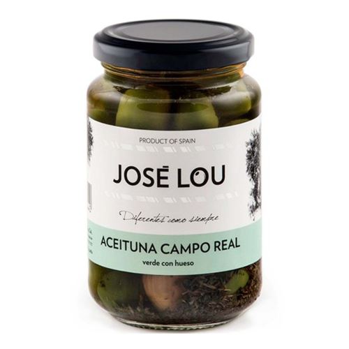 olivy zelené s peckou José Lou Campo Real v nálevu s česnekem a bylinkami 200 g